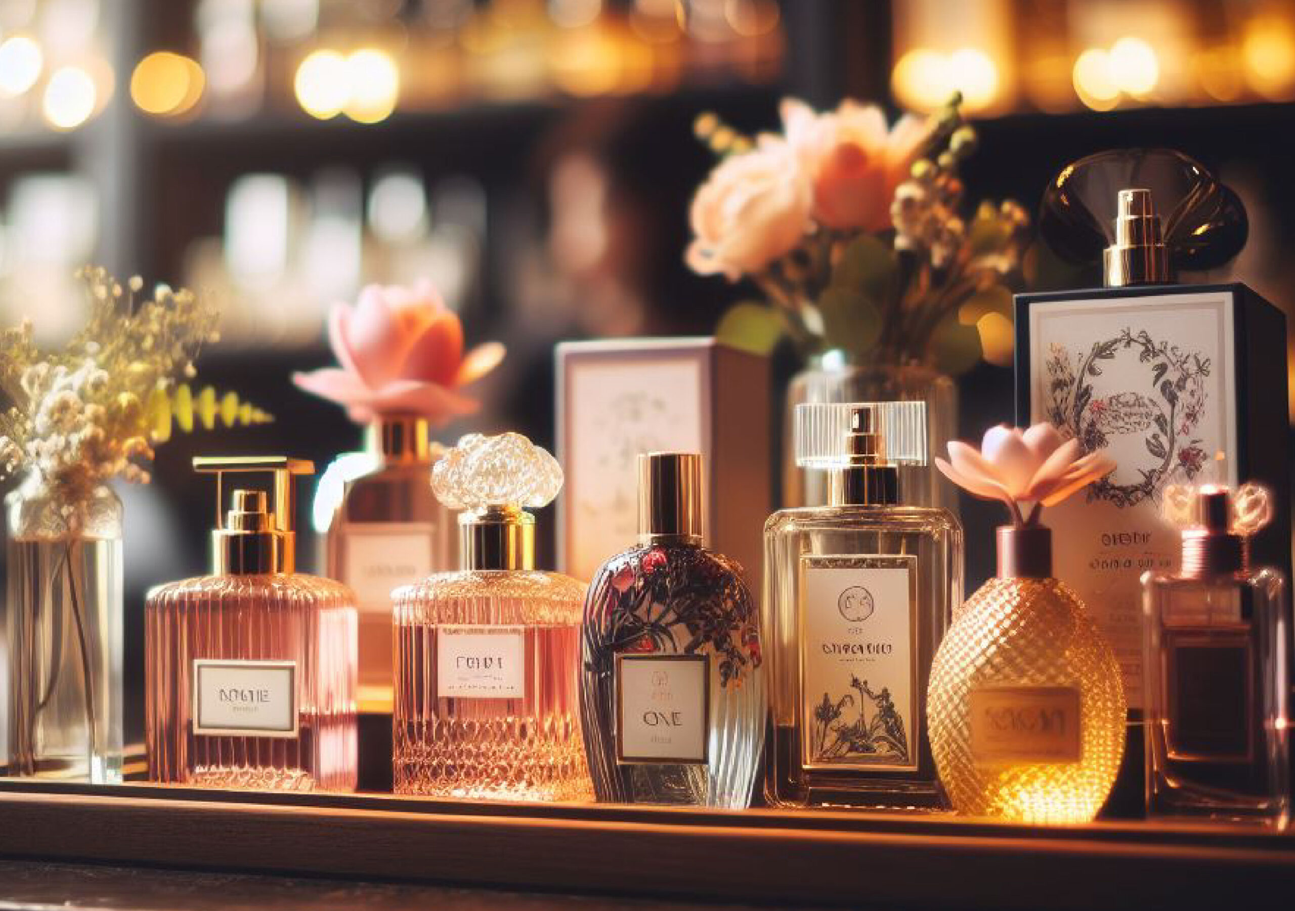 A diverse assortment of luxury women's perfumes, displayed on a shelf in a store, highlights diversity and luxury